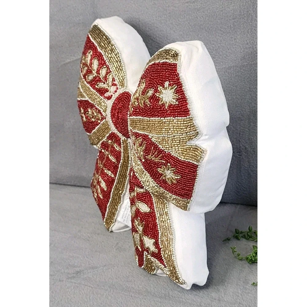 Christmas Red Gold Beaded Bow Coquette Decorative Pillow Home‎ Decor 16x16 NEW